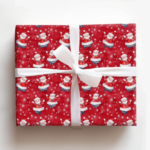 Santa Claus Gift Wrap, Waving Santa Christmas Wrapping Paper, Red Snowflake Wrapping Paper, Holiday Present Paper, Secret San