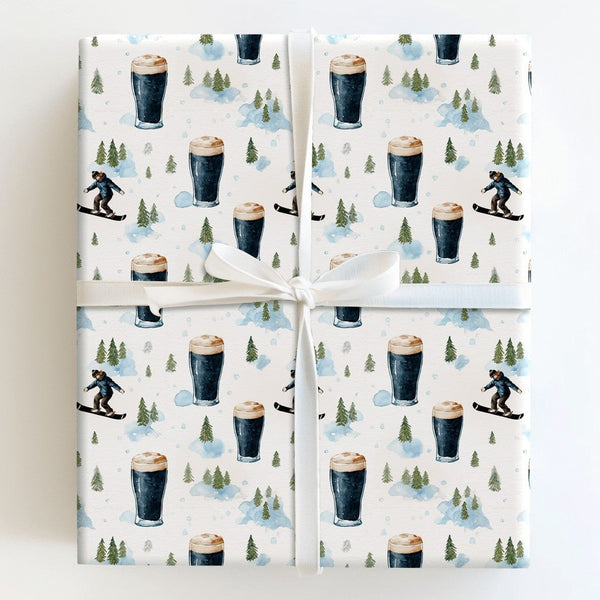 Winter Sports Stout Gift Wrap, Snowboarder Beer Wrapping Paper, Snowy Pines Drinks Wrapping Paper, Craft Beer Lover Christmas