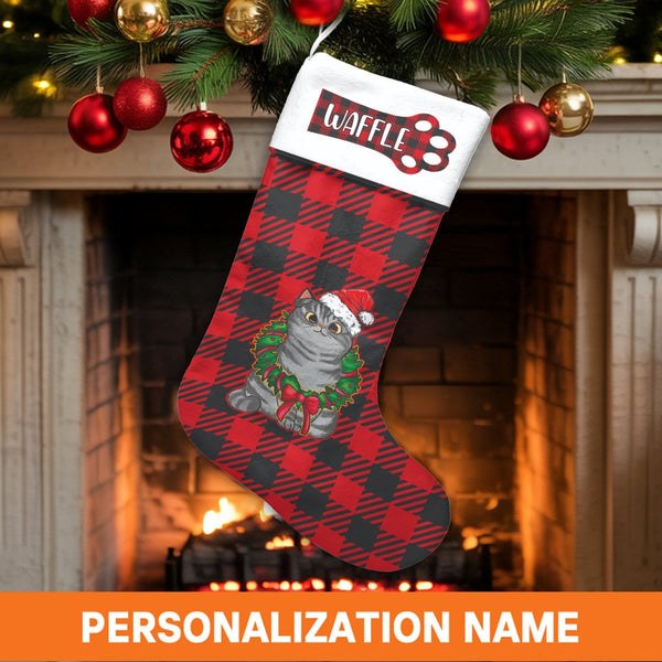 Buffalo Plaid Pet Stocking, Santa Cat Christmas Stocking, Adorable Kitten Holiday Stocking, Custom Cat Lover Stocking, Velboa