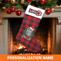 Buffalo Plaid Pet Stocking, Santa Cat Christmas Stocking, Adorable Kitten Holiday Stocking, Custom Cat Lover Stocking, Velboa Mantle Decor
