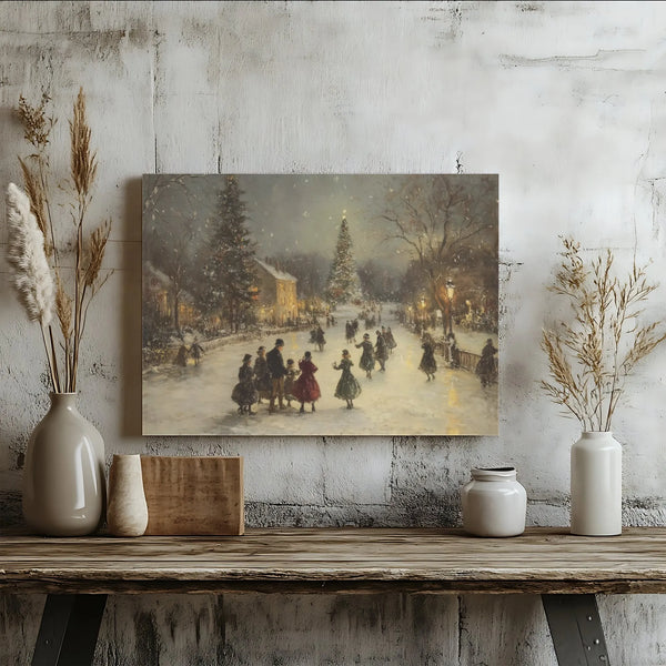 Snowy Ice Skating Scene Victorian Painting Digital Download, Vintage Christmas Village Wall Art, Festive Winter Canvas Decor 