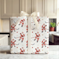 Sporty Santa Gift Wrap, Ice Hockey Santa Christmas Wrapping Paper, Gold Snowflake Hockey Gift Wrapping Paper, Holiday Wrap for Sports Fans