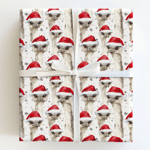 Watercolor Santa Hat Bird Gift Wrap, Christmas Emu Wrapping Paper, Festive Snowflake Present Wrapping Paper, Holiday Gift Wra