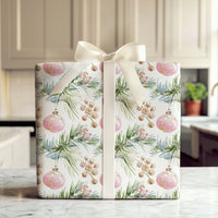 Watercolor Ornament Holiday Gift Wrap, Pink Christmas Wrapping Paper, Pine and Berry Wrapping Paper, Elegant Winter Wrapping Paper Roll