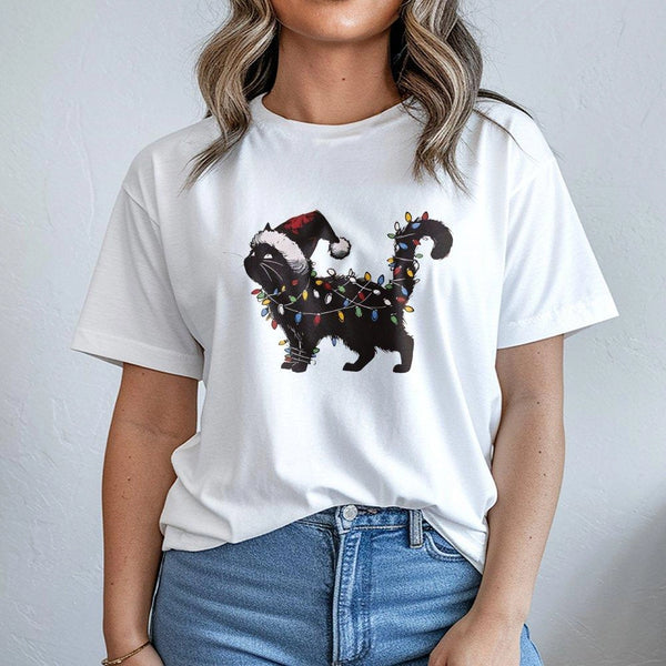 Santa Hat String Lights Cat Shirt, Black Cat Christmas T-Shirt, Adorable Kitty Holiday Graphic Tee, Festive Cat Lover Shirt, 