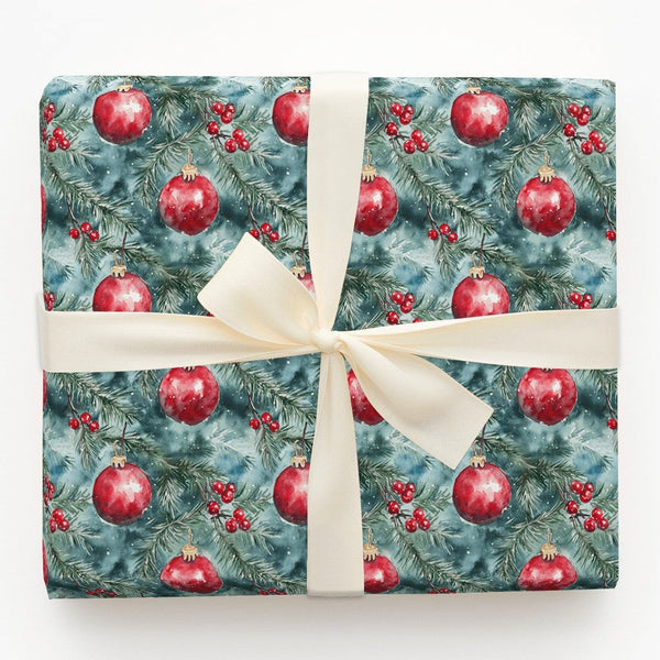 Pine Branch Christmas Gift Wrap, Watercolor Red Ornament Wrapping Paper, Holly Berry Wrapping Paper, Snowy Winter Holiday Wra