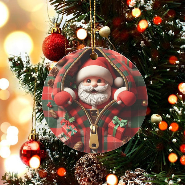 Red Plaid Zipper Ornament, Santa Claus Christmas Ornament, Rustic Holiday Ceramic Ornament, Festive Tree Decor, Winter Keepsa