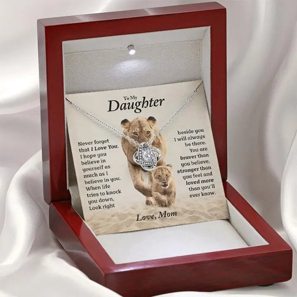 Lion Mother and Baby Card Necklace, Daughter Love Knot Necklace, 14k White Gold Pendant Necklace, Christmas Present for Daugh