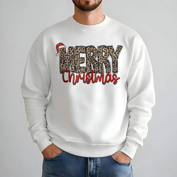 Santa Hat Holiday Sweatshirt, Merry Christmas Leopard Print Sweatshirt, Retro Xmas Leopard Crewneck, Festive Winter Pullover 
