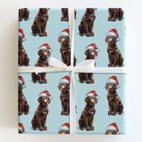 Dog Puppy Santa Hat Gift Wrap, Chocolate Labrador Christmas Wrapping Paper, Adorable Pet Holiday Wrapping Paper, Dog Lover Xmas Present Wrap