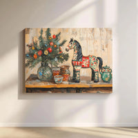 Scandinavian Folk Art Canvas Print, Dala Horse Canvas Wall Art, Nordic Horse Canvas, Festive Christmas Wall Decor, Folk Art Lover Present