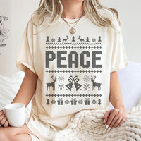 Festive Reindeer Nordic Pattern Shirt, Peace Ugly Christmas T-Shirt, Retro Holiday Xmas Graphic Tee, Matching Couples Christmas Shirt