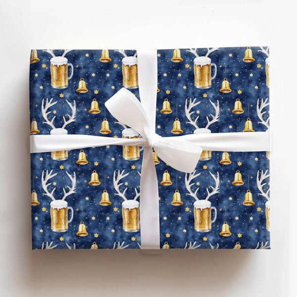 Reindeer Antler Beer Mug Gift Wrap, Rein-Beer Christmas Wrapping Paper, Humorous Holiday Beer Lover Wrapping Paper, Winter Ni