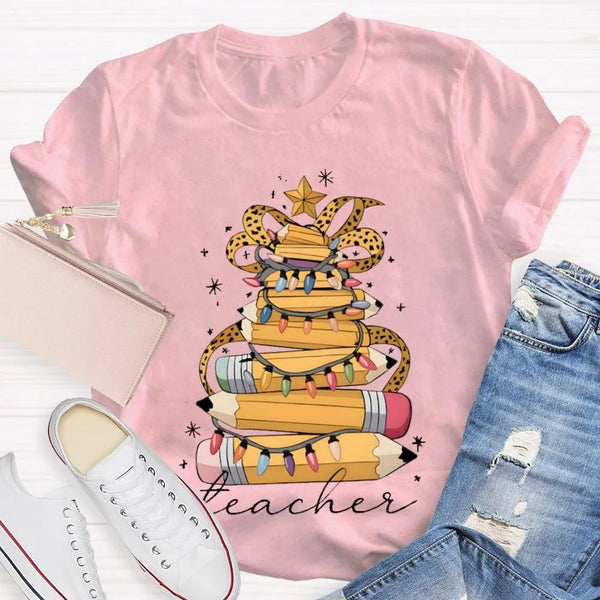 Adorable Holiday Educator Shirt, Christmas Light Pencils Teacher T-Shirt, Festive School Teacher Christmas Tee, Winter Holida