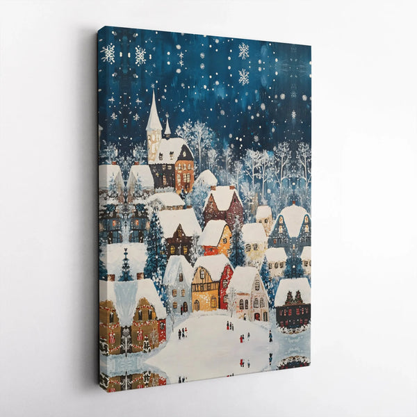 Snowy Winter Night Town Scene Canvas Print, Christmas Village Canvas Wall Art, Festive Holiday Canvas Decor, Comfy Winter Tow