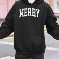 Distressed Varsity Holiday Hoodie, Merry Christmas Hoodie, Retro Collegiate Winter Sweatshirt, Vintage Xmas Hoodie, Festive Present for Her Him
