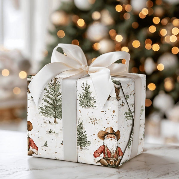 Rustic Western Santa Gift Wrap, Cowboy Santa Wrapping Paper, Country Christmas Wrapping Paper, Pine Tree Holiday Gift Wrap, A