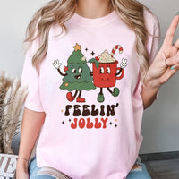 Retro Holiday Tree and Cocoa Graphic Tee, Feelin' Jolly Christmas T-Shirt, Vintage Xmas Party Shirt, Adorable Winter Apparel for Women