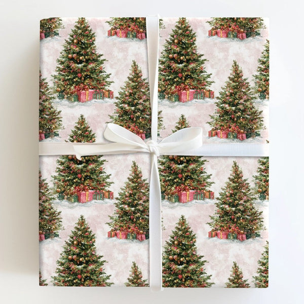 Pink Watercolor Christmas Wrapping Paper, Vintage Christmas Tree Wrapping Paper, Holiday Tree Wrapping Paper, Retro Winter Gi