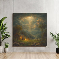 Bethlehem Divine Light Biblical Wall Art, Shepherds Nativity Square Canvas, Christian Christmas Canvas Print, Stretched Religious Art Decor