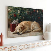 Sleeping Dog Holiday Oil Painting Print, Golden Retriever Christmas Canvas Wall Art, Comfy Dog Digital Download, Xmas Home Decor