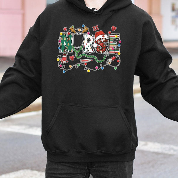 Festive Stethoscope Hooded Sweatshirt, Christmas Nurse Hoodie, RN Nursing Holiday Pullover, Medical Staff Xmas Sweater, Nursi