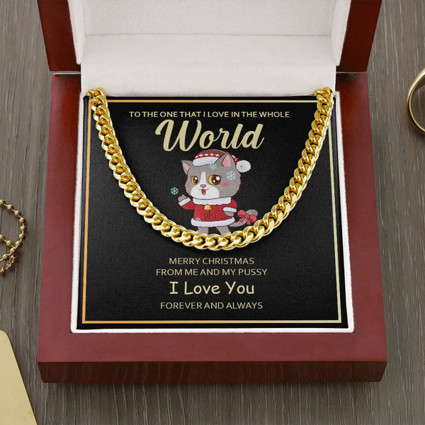Christmas Message Card Jewelry, Cat Santa Cuban Link Chain Necklace, Polished Stainless Steel Chain, Holiday Anniversary Pres