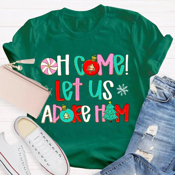 Religious Christian Holiday Tee, Oh Come Let Us Adore Him Christmas T-Shirt, Faith Nativity Graphic Shirt, Adorable Xmas Chur