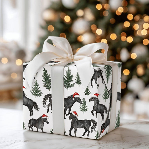 Santa Hat Equestrian Gift Wrap, Black Horse Christmas Wrapping Paper, Watercolor Black Horse Wrapping Paper, Holiday Horse Tr