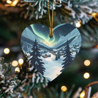 Snowy Winter Village Ceramic Keepsake, Northern Lights Heart Ornament, Aurora Landscape Tree Ornament, Christmas Holiday Ornament