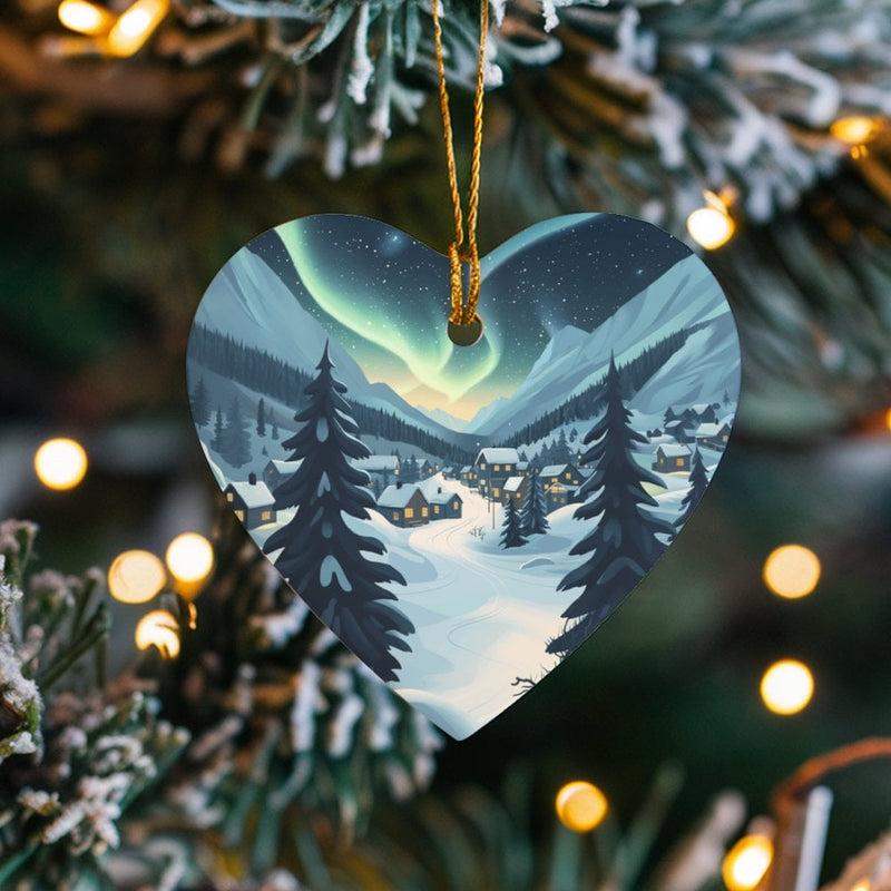 Snowy Winter Village Ceramic Keepsake, Northern Lights Heart Ornament, Aurora Landscape Tree Ornament, Christmas Holiday Ornament