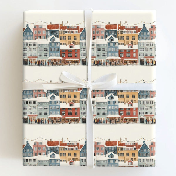 Snowy European Market Gift Wrap, Christmas Village Wrapping Paper, Holiday Town Square Wrapping Paper, Festive Winter Street 