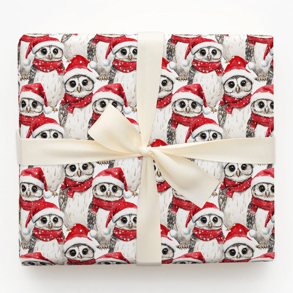 Santa Hat Adorable Owl Gift Wrap, Christmas Owl Wrapping Paper, Watercolor Festive Owl Wrapping Paper, Winter Holiday Present