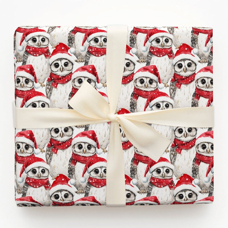 Santa Hat Adorable Owl Gift Wrap, Christmas Owl Wrapping Paper, Watercolor Festive Owl Wrapping Paper, Winter Holiday Present Gift Wrap