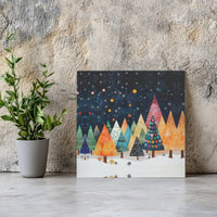 Folk Art Winter Forest Canvas Art, Whimsical Christmas Trees Canvas Print, Colorful Night Sky Wall Canvas, Holiday Season Decor Canvas Present