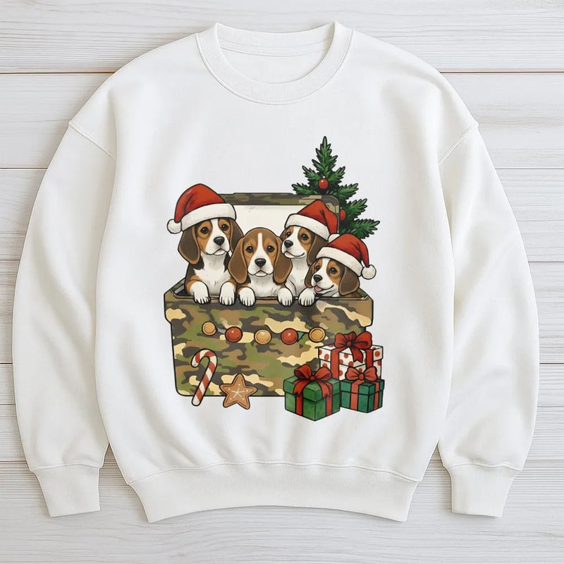 Puppies in Holiday Gift Box Crewneck, Christmas Beagle Sweatshirt, Adorable Dog Xmas Sweatshirt, Festive Puppy Sweater, Dog Lover Present for Her