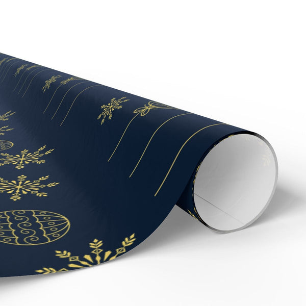 Snowflake Christmas Gift Wrap, Navy Blue Gold Wrapping Paper, Elegant Holiday Wrapping Paper Roll, Xmas Ornament Gift Wrap Pa