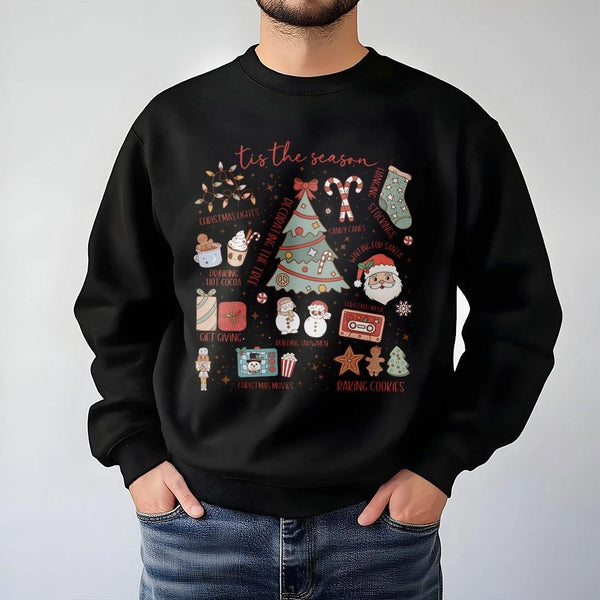 Holiday Icons Xmas Graphic Sweater, Tis the Season Christmas Sweatshirt, Comfy Winter Crewneck Pullover, Festive Holiday Seas