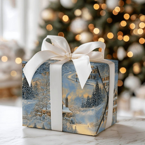 Comfy Holiday Town Gift Wrap, Snowy Winter Village Wrapping Paper, Nostalgic Chimney Smoke Wrapping Paper, Christmas Season W