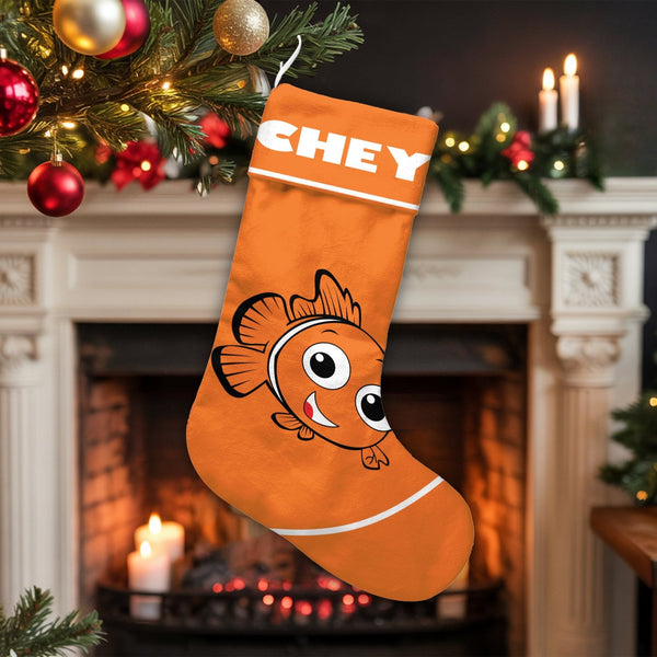 Adorable Fish Holiday Stocking, Clownfish Christmas Stocking, Personalized Christmas Stocking, Ocean Animal Holiday Stocking,