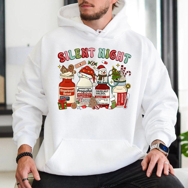 Humorous Medical Christmas Hoodie, Silent Night Medicine Vial Hoodie, Healthcare Worker Hoodie, Adorable Nurse Hooded Sweatsh