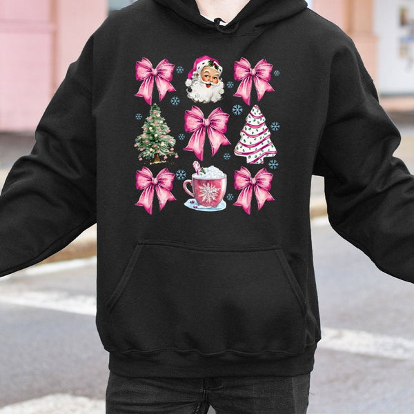 Adorable Coquette Bow Holiday Hoodie, Pink Santa Christmas Hoodie, Aesthetic Retro Santa Claus Hoodie, Festive Winter Sweatsh