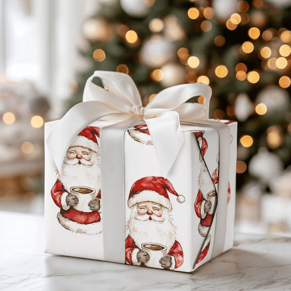Watercolor Christmas Gift Wrap, Santa Drinking Cocoa Wrapping Paper, Comfy Santa Claus Wrapping Paper Roll, Festive Holiday P