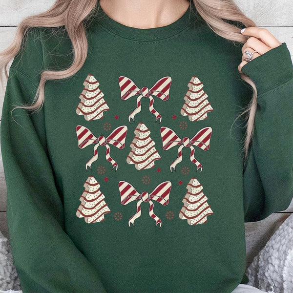 Coquette Aesthetic Bow Holiday Sweater, Christmas Tree Cake Sweatshirt, Adorable Xmas Snack Crewneck, Retro Winter Graphic Pu