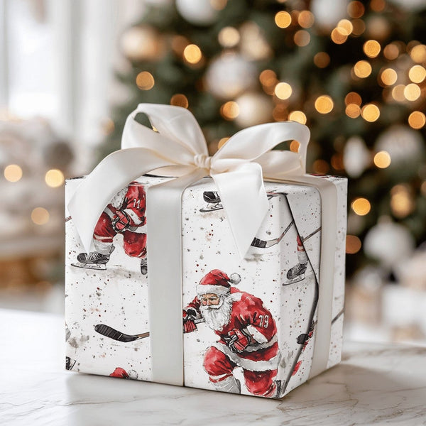 Watercolor Sports Gift Wrap Paper, Hockey Santa Christmas Wrapping Paper, Ice Hockey Holiday Wrapping Paper, Xmas Gift Wrap f