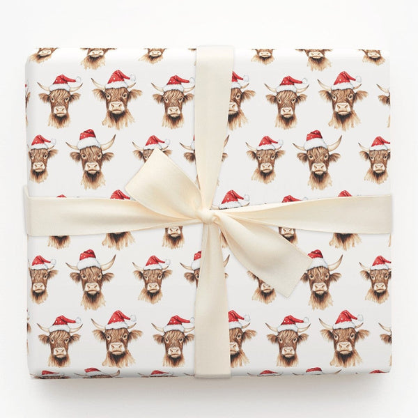 Santa Hat Animal Gift Wrap, Highland Cow Christmas Wrapping Paper, Rustic Cow Wrapping Paper Roll, Holiday Wrapping Paper, Xm