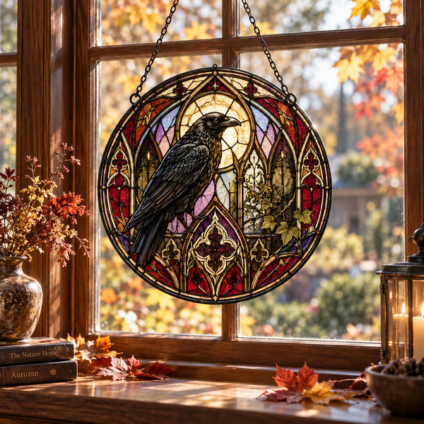 The Raven Sits Still - Gothic Stained-Glass Round Window Hanging - main