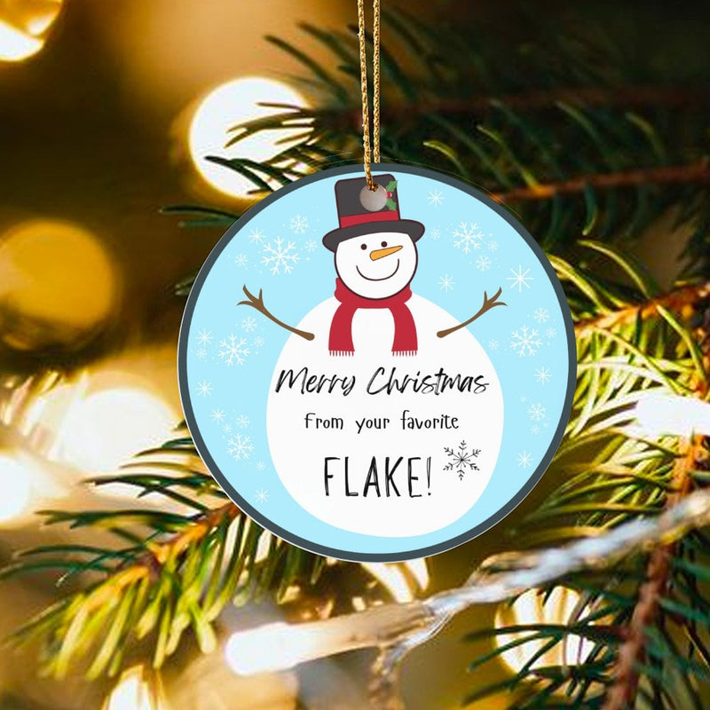 Favorite Flake Holiday Ornament, Snowman Christmas Ornament, Ceramic Snowman Tree Decor, Humorous Xmas Keepsake Present for Family and Friends