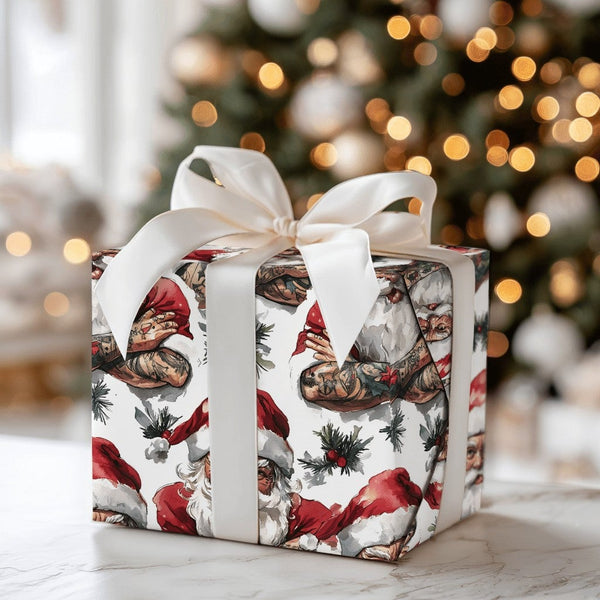 Buff Santa Claus Gift Wrap, Tattooed Santa Wrapping Paper, Edgy Hipster Christmas Wrapping Paper, Humorous Holiday Gift Wrap,