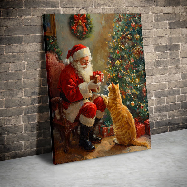 Retro Holiday Painting Canvas Print, Vintage Santa Claus and Cat Canvas Wall Art, Festive Christmas Wall Decor, Comfy Winter 